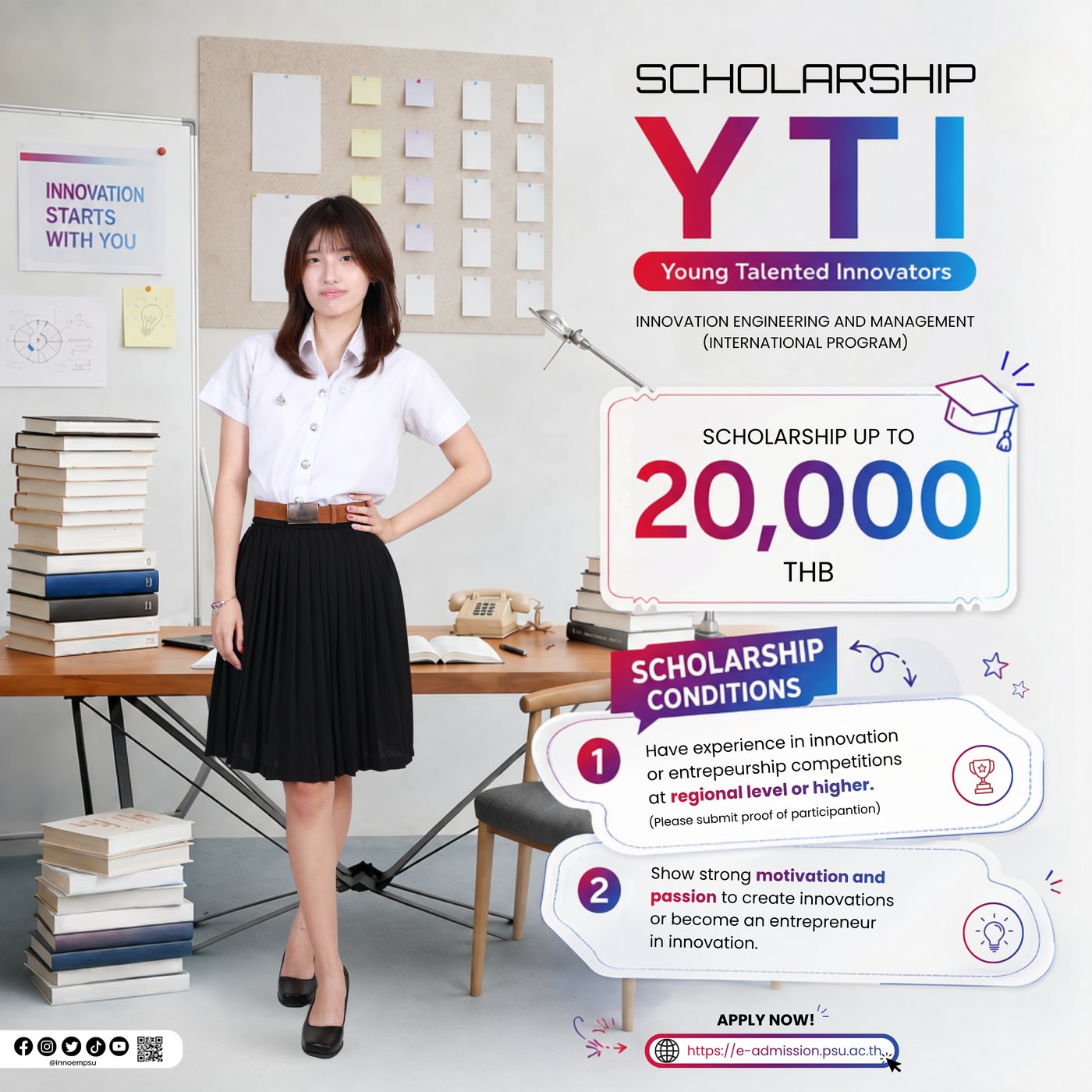 YTI — Young Talented Innovators scholarship poster, up to 20,000 THB, InnoEM PSU